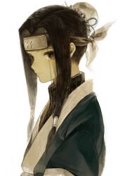 Rule 34 | 1boy, androgynous, black hair, bun cover, closed mouth, forehead protector, frills, from side, hair bun, hair intakes, hair over one eye, hair tubes, haku (naruto), highres, japanese clothes, kimono, long hair, looking at viewer, male focus, mame (mmgamegg), naruto, naruto (series), ribbed sweater, simple background, single hair bun, solo, sweater, trap, turtleneck, turtleneck sweater, upper body, white background