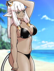 Rule 34 | 1girl, :&gt;, animal ears, arm at side, arm up, ash (fire emblem), bare arms, bare shoulders, beach, bikini, black bikini, black horns, blue sky, blunt bangs, blurry, blurry background, breasts, cleavage, closed mouth, cloud, collarbone, commentary, cow ears, cow girl, cow horns, cow tail, dark-skinned female, dark skin, day, earrings, english commentary, fire emblem, fire emblem heroes, hand on own head, highres, hoop earrings, horns, jewelry, large breasts, legs together, mnejing30, navel, nintendo, outline, sky, smile, solo, standing, straight hair, swimsuit, tail, thighs, water, white hair, white outline, white tail, yellow eyes