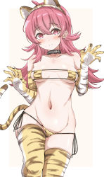 Rule 34 | 1girl, animal ears, animal print, beige background, bikini, black collar, blush, breasts, chinese zodiac, claws, closed mouth, collar, commentary request, gloves, hair between eyes, highres, idolmaster, idolmaster shiny colors, komiya kaho, long hair, looking at viewer, machismo fuji, medium breasts, micro bikini, navel, print bikini, print gloves, print thighhighs, red eyes, red hair, side-tie bikini bottom, smile, solo, swimsuit, tail, thighhighs, tiger ears, tiger print, tiger tail, two-tone background, white background, year of the tiger, yellow gloves, yellow thighhighs