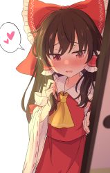 Rule 34 | 1girl, ascot, bare shoulders, blush, bow, brown eyes, brown hair, detached sleeves, hair between eyes, hair bow, hair tubes, hakurei reimu, haruki reimari, japanese clothes, medium hair, nontraditional miko, open mouth, red bow, red skirt, ribbon-trimmed sleeves, ribbon trim, sidelocks, simple background, skirt, solo, touhou, white background, wide sleeves, yellow ascot