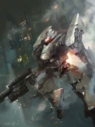 Rule 34 | armored core, armored core 6, embers, full body, glowing, glowing eye, gun, highres, holding, holding gun, holding weapon, mecha, mecha focus, midair, miso katsu, nightfall (armored core 6), no humans, red eyes, rifle, robot, science fiction, thrusters, weapon