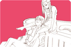 Rule 34 | 00s, 1boy, 1girl, anemone (eureka seven), barefoot, dominic sorel, eureka seven, eureka seven (series), lap pillow, lowres, monochrome, red background, sketch