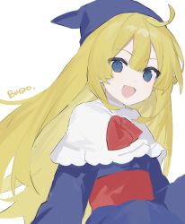 Rule 34 | 1girl, :d, ahoge, bad id, bad twitter id, blonde hair, blue dress, blue eyes, blue headwear, budo (budoboros), capelet, dress, highres, long hair, looking at viewer, open mouth, puyopuyo, signature, simple background, smile, solo, upper body, white background, white capelet, witch (puyopuyo)