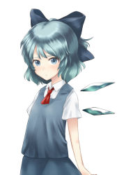 Rule 34 | 1girl, adapted costume, blouse, blue eyes, blue hair, bow, cirno, collared shirt, female focus, hair bow, kuze, matching hair/eyes, shirt, short hair, simple background, solo, touhou, white background, white shirt, wings