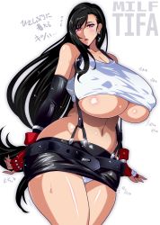 Rule 34 | 1girl, black hair, blush, breasts, cleavage, covered erect nipples, curvy, earrings, elbow gloves, final fantasy, final fantasy vii, flying sweatdrops, gloves, huge breasts, jewelry, long hair, looking at viewer, mature female, miniskirt, navel, nipples, open mouth, panties, parted bangs, raisuta, red eyes, shiny skin, skirt, solo, suspender skirt, suspenders, sweat, tank top, thick thighs, thighs, tifa lockhart, translated, underboob, underwear, wide hips