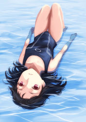 Rule 34 | 1girl, barefoot, black hair, competition swimsuit, deras, foreshortening, highres, legs folded, lying, on back, one-piece swimsuit, original, parted lips, partially submerged, purple eyes, red eyes, shallow water, short hair, solo, swimsuit, upside-down, water