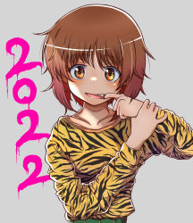 Rule 34 | 1girl, 2022, animal print, brown eyes, brown hair, cat earthen pot, chinese zodiac, commentary, fang, girls und panzer, hand on own arm, highres, long sleeves, looking at viewer, messy hair, mouth pull, new year, nishizumi miho, open mouth, print shirt, shirt, short hair, simple background, smile, solo, tiger print, upper body, year of the tiger, yellow shirt
