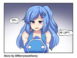 Rule 34 | 1girl, blue hair, blush, breasts, english text, gloves, hair ornament, hairclip, hinghoi, internet explorer, large breasts, long hair, open mouth, original, pov, sad, shiny skin, side ponytail, white gloves