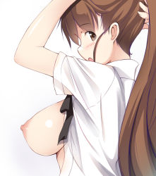 Rule 34 | 1girl, blouse, blush, breasts, brown eyes, brown hair, female focus, gengoroh, large breasts, long hair, looking at viewer, nipples, no bra, open clothes, open mouth, open shirt, ponytail, ribbon, shirt, simple background, solo, taneshima popura, white background, white shirt, working!!