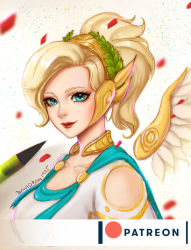 Rule 34 | 1girl, alternate costume, aqua eyes, artist name, blonde hair, breasts, collarbone, david pan, dress, eyelashes, feathered wings, graphite (medium), head wreath, heart, high ponytail, large breasts, laurel crown, lips, looking at viewer, looking to the side, mechanical pencil, mechanical wings, mercy (overwatch), nose, overwatch, overwatch 1, pencil, photo (medium), portrait, red lips, signature, simple background, smile, solo, toga, traditional media, white background, white dress, winged victory mercy, wings, yellow wings