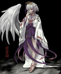 Rule 34 | 1girl, adapted costume, aoiueo12, archaic japanese text, black background, braid, chinese commentary, commentary request, crown, feathered wings, french braid, full body, grey hair, hand on own face, hand to own mouth, highres, japanese clothes, japanese text, kishin sagume, legs, long sleeves, looking at viewer, looking down, looking to the side, purple skirt, red eyes, sandals, short hair, simple background, single wing, skirt, solo, standing, toes, touhou, waraji, white hair, white wings, wide sleeves, wings