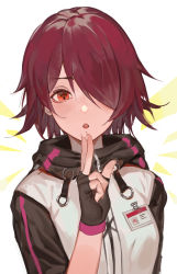 Rule 34 | 1girl, arknights, black gloves, blush, breasts, commentary, detached wings, exusiai (arknights), fingerless gloves, gloves, hair between eyes, hair over one eye, highres, jacket, krin (krinnin), looking at viewer, medium breasts, name tag, open mouth, red eyes, red hair, short hair, simple background, solo, upper body, white background, white jacket, wings