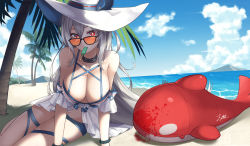 Rule 34 | 1girl, arknights, arm support, beach, bikini, bikini shorts, black choker, blood, blood stain, blue shorts, blue sky, breasts, choker, cleavage, cloud, collarbone, day, food, food in mouth, hat, highres, inflatable orca, inflatable toy, large breasts, looking at viewer, looking over eyewear, looking over glasses, mouth hold, ocean, official alternate costume, orange-tinted eyewear, orange-tinted glasses, outdoors, palm tree, popsicle, red eyes, sand, shorts, signature, silver hair, sitting, skadi (arknights), skadi (waverider) (arknights), sky, solo, sun hat, sunglasses, swimsuit, thigh strap, tinted eyewear, tree, water, white hat, yokozuwari, z.m. (zimin)