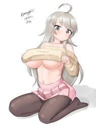 Rule 34 | absurdres, ahoge, black pantyhose, breasts, clothes lift, dated, grey eyes, grey hair, highres, kantai collection, large breasts, long hair, maru (marg0613), off-shoulder sweater, off shoulder, official alternate costume, pantyhose, pink skirt, pleated skirt, seiza, simple background, sitting, skirt, sweater, sweater lift, twitter username, underboob, washington (kancolle), white background, yellow sweater
