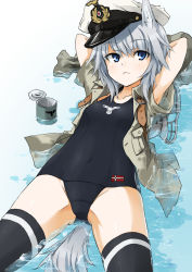 Rule 34 | 1girl, animal ears, arms behind head, bad id, bad pixiv id, blue eyes, dakku (ogitsune), flat chest, grey hair, hat, highres, mecha musume, one-piece swimsuit, open clothes, open shirt, school swimsuit, shirt, solo, submarine, swimsuit, tail, thighhighs, water, watercraft, wet, wet clothes, wolf ears
