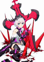 Rule 34 | 1girl, absurdres, blue eyes, closed mouth, cross (weapon), hair between eyes, highres, holding, holding weapon, honkai (series), honkai impact 3rd, kneehighs, looking at viewer, on floor, side ponytail, simple background, socks, solo, spikes, theresa apocalypse, theresa apocalypse (violet executer), torn clothes, torn legwear, weapon, white background, white hair, white socks, yoni (zhang)
