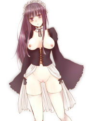 Rule 34 | 1girl, breasts, breasts out, corset, d0llx, female focus, highres, long hair, looking at viewer, maid, maid headdress, nipple piercing, nipples, no panties, open mouth, original, piercing, purple eyes, purple hair, pussy, solo, standing, thighhighs, uncensored