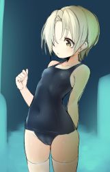 Rule 34 | 10s, 1girl, arm behind back, blonde hair, breasts, brown eyes, cameltoe, covered navel, hair over one eye, highres, idolmaster, idolmaster cinderella girls, one-piece swimsuit, pokachu, school swimsuit, shirasaka koume, short hair, sketch, small breasts, solo, swimsuit, thighhighs, white thighhighs