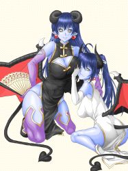 Rule 34 | 2girls, :p, absurdres, ahoge, asmodeus (shinrabanshou), ass, astaroth (shinrabanshou), bad id, bad pixiv id, black dress, black sclera, blue hair, blue skin, boots, breasts, cheek squash, china dress, chinese clothes, cleavage, colored sclera, colored skin, demon girl, dress, earrings, elbow gloves, full body, gloves, grabbing, grabbing another&#039;s breast, heart, heart earrings, highres, horns, jewelry, large breasts, long hair, mother and daughter, multiple girls, one eye closed, pointy ears, polka dot, polka dot background, ponytail, shinrabanshou, simple background, tail, thigh boots, thighhighs, tongue, tongue out, white dress, wings, yellow eyes