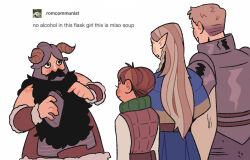 Rule 34 | 1girl, 3boys, armor, beard, black eyes, blonde hair, brown hair, chilchuck tims, closed mouth, commentary, dungeon meshi, dwarf, elf, english commentary, english text, eyesup-orion, facial hair, fake horns, halfling, helmet, highres, hip flask, holding, horned helmet, horns, laios thorden, long hair, looking at another, marcille donato, multiple boys, open mouth, pointy ears, senshi (dungeon meshi), short hair, simple background, smile, tumblr, white background