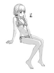 1girl bikini blush braid breasts fujita_kotone full_body gakuen_idolmaster greyscale hamao highres idolmaster long_hair looking_to_the_side low_twin_braids monochrome navel side-tie_bikini_bottom sitting small_breasts smile solo swimsuit twin_braids