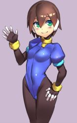 Rule 34 | adapted costume, aile (mega man zx), bodysuit, brown hair, cyborg, green eyes, grey background, hair between eyes, hand on own hip, layered sleeves, leotard, long sleeves, mega man (series), mega man zx, short hair, short over long sleeves, short sleeves, simple background, solo, tagme, ukimukai