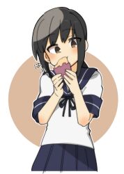Rule 34 | 1girl, black hair, blue sailor collar, blue skirt, blush, brown eyes, eating, food, fubuki (kancolle), higaragi, highres, holding, holding food, kantai collection, looking at viewer, low ponytail, pleated skirt, ponytail, sailor collar, school uniform, serafuku, short sleeves, simple background, skirt, solo, sweet potato, two-tone background