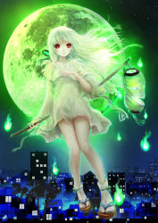 Rule 34 | 00, 1girl, bracelet, building, city, city lights, expressionless, floating, floating hair, full moon, glowing, green hair, highres, hitodama, house, jewelry, lantern, long hair, moon, night, original, paper lantern, red eyes, sky, solo, star (sky), tabi, traditional youkai
