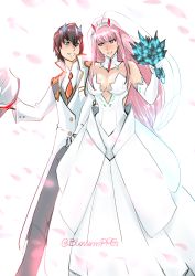 Rule 34 | 10s, 1boy, 1girl, backless dress, backless outfit, black hair, black pants, blossomppg, blue eyes, blue horns, bouquet, breasts, bridal veil, bride, cleavage, coat, collar, collarbone, commentary, couple, darling in the franxx, dress, elbow gloves, english commentary, flower, gloves, green eyes, hair ornament, hairband, hat, hetero, highres, hiro (darling in the franxx), holding, holding bouquet, holding clothes, holding hands, holding hat, horns, long coat, long hair, long sleeves, military, military uniform, necktie, oni horns, orange neckwear, panties, pants, peaked cap, petals, pink hair, red horns, short hair, signature, sleeveless, sleeveless dress, underwear, uniform, veil, wedding, wedding dress, white coat, white collar, white dress, white gloves, white hairband, white hat, zero two (darling in the franxx)