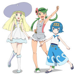 Rule 34 | 3girls, :d, arm up, armpits, bare shoulders, blonde hair, blue eyes, blue footwear, blue hair, blue pants, blue sailor collar, blunt bangs, braid, bright pupils, capri pants, clenched hands, closed mouth, collared dress, commentary request, creatures (company), dress, flower, full body, game freak, green eyes, green footwear, green hair, green hairband, hair flower, hair ornament, hairband, hat, kneehighs, lana (pokemon), lillie (pokemon), long hair, looking at viewer, mallow (pokemon), multiple girls, nintendo, no legwear, one-piece swimsuit, open mouth, overalls, pants, pink shirt, pocket, pokemon, pokemon sm, sailor collar, sandals, shirt, shoes, short hair, simple background, sleeveless, sleeveless dress, sleeveless shirt, smile, socks, standing, standing on one leg, strapless, sun hat, sundress, swept bangs, swimsuit, swimsuit under clothes, teeth, trial captain, tube top, twin braids, twintails, white background, white dress, white legwear, yellow hairband, yoshida keiji