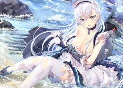 Rule 34 | 1girl, apron, azur lane, bad id, bad twitter id, beach, belfast (azur lane), blue eyes, braid, breasts, bubble, chain, chain necklace, cleavage, collar, collarbone, corset, french braid, frilled apron, frilled gloves, frills, gauntlets, gloves, hair between eyes, jewelry, large breasts, long hair, looking at viewer, machinery, maid, maid apron, maid headdress, necklace, ocean, open mouth, side braid, sitting, smoke, solo, stone, thighhighs, torn clothes, torn thighhighs, turret, waist apron, white apron, white hair, white thighhighs, yano mitsuki (nanairo)