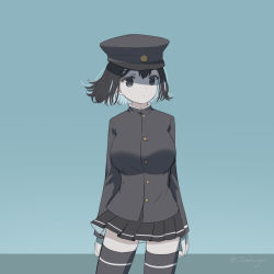 Rule 34 | 1girl, absurdres, akitsu maru (kancolle), black eyes, black hair, black hat, black thighhighs, blue background, breasts, buttons, cowboy shot, emia wang, gloves, hat, highres, kantai collection, large breasts, long sleeves, military, military uniform, peaked cap, short hair, solo, standing, thighhighs, thighs, twitter username, uniform, white gloves