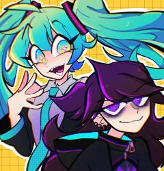 2girls aqua_hair aqua_necktie black_sleeves collared_shirt detached_sleeves earrings gradient_eyes green_eyes grey_shirt grid_background hatsune_miku highres jaiden_(artist) jaiden_animations jewelry long_hair looking_at_viewer multicolored_eyes multiple_girls necktie open_mouth purple_eyes shirt sleeveless sleeveless_shirt star-shaped_pupils star_(symbol) symbol-shaped_pupils twintails two-tone_eyes vocaloid yellow_background