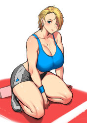 Rule 34 | 1girl, abigail fahrenheit, blonde hair, blue eyes, blue sports bra, blush, breasts, earrings, erkaz, grey footwear, grey shorts, jewelry, large breasts, looking at viewer, necklace, one eye closed, original, shadow, shoes, short hair, shorts, solo, sports bra, white background