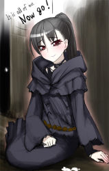 Rule 34 | 1girl, arm support, bad id, bad pixiv id, black hair, blush, dark souls (series), dark souls i, from software, hand on lap, hood, hood down, kanzaki muyu, looking at viewer, on ground, ponytail, quelana of izalith, red eyes, robe, sitting, solo, yufu