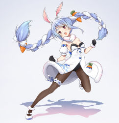 Rule 34 | 1girl, absurdres, animal ear fluff, animal ears, asanaya, bare shoulders, black gloves, black leotard, blue hair, blush, bow, braid, breasts, brown pantyhose, carrot hair ornament, commentary, detached sleeves, don-chan (usada pekora), dress, floating hair, food-themed hair ornament, full body, fur-trimmed dress, fur-trimmed gloves, fur trim, gloves, gradient background, grey background, hair bow, hair ornament, highres, hololive, leotard, long hair, multicolored hair, open mouth, pantyhose, puffy short sleeves, puffy sleeves, rabbit ears, rabbit tail, red eyes, shadow, shoes, short eyebrows, short sleeves, small breasts, standing, standing on one leg, strapless, strapless dress, strapless leotard, teeth, thick eyebrows, twin braids, twintails, two-tone hair, upper teeth only, usada pekora, usada pekora (1st costume), very long hair, virtual youtuber, white bow, white dress, white footwear, white hair, white sleeves