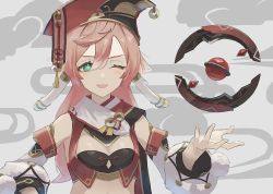 Rule 34 | 1girl, antlers, blush, breasts, cleavage, crop top, detached sleeves, floating, floating object, floating weapon, genshin impact, green eyes, grey background, hair between eyes, hat, highres, horns, long hair, medium breasts, nium 404, one eye closed, open hand, parted lips, pink hair, red hat, simple background, solo, tassel, upper body, weapon, yanfei (genshin impact)