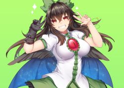 Rule 34 | 1girl, absurdres, bird wings, black wings, bow, breasts, brown hair, cape, collared shirt, double v, floating hair, gloves, green background, grin, hair between eyes, hair bow, hair over shoulder, hands up, head tilt, highres, impossible clothes, impossible shirt, long hair, looking at viewer, mikomachi (35machi), puffy short sleeves, puffy sleeves, red eyes, reiuji utsuho, shirt, short sleeves, simple background, single glove, skirt, slit pupils, smile, solo, starry sky print, third eye, touhou, upper body, v, wing collar, wings