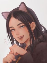 Rule 34 | 1girl, absurdres, alternate costume, animal ears, asirpa, bad id, bad pixiv id, black hair, cat ears, clenched hands, contemporary, costume, eyebrows, fake animal ears, fur, golden kamuy, grey eyes, highres, hood, hood down, long hair, looking at viewer, mprichin, open mouth, parted bangs, signature, smile, solo, teeth, translated, upper body, zipper, zipper pull tab