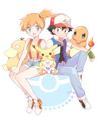 Rule 34 | 1boy, 1girl, :3, :d, ash ketchum, bad id, bad pixiv id, baseball cap, belt, black eyes, black shirt, blue eyes, blue pants, blue shorts, blush, blush stickers, brown eyes, charizard, charmander, closed mouth, collarbone, creatures (company), fingerless gloves, fire, flame-tipped tail, game freak, gen 1 pokemon, gen 2 pokemon, gloves, green eyes, green gloves, hair between eyes, hand on another&#039;s head, hat, looking at viewer, mei (maysroom), midriff, misty (pokemon), navel, nintendo, open clothes, open mouth, open vest, orange hair, outstretched arms, pants, pikachu, poke ball, pokemon, pokemon (anime), pokemon (classic anime), pokemon (creature), psyduck, shirt, shoes, short hair, short ponytail, short sleeves, shorts, side ponytail, simple background, sitting, sleeveless, sleeveless shirt, smile, sneakers, star (symbol), suspenders, togepi, vest, white background, yellow shirt