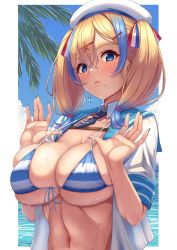 Rule 34 | 1girl, absurdres, anchor symbol, beach, bikini, blonde hair, blue eyes, blue hair, breasts, cleavage, day, earrings, front-tie bikini top, front-tie top, hair ornament, highres, jewelry, kent0320, large breasts, medium hair, mole, mole under mouth, multicolored hair, ocean, original, outdoors, solo, star (symbol), star hair ornament, swimsuit, twintails, two-tone hair, upper body, water, wet