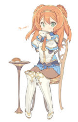 Rule 34 | 1girl, alisa kirsten, blade (galaxist), blush, chair, croissant, cup, double bun, full body, green eyes, long hair, looking at viewer, orange hair, pantyhose, plate, pop-up story, simple background, sitting, skirt, solo, table, teacup, white background