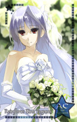 Rule 34 | 10s, 1girl, 2013, bad id, bad pixiv id, bare shoulders, bouquet, breasts, bridal veil, bride, character name, cleavage, dress, elbow gloves, flower, gloves, lace, lace-trimmed gloves, lace trim, long hair, looking at viewer, lyrical nanoha, mahou shoujo lyrical nanoha innocent, red eyes, reinforce, silver hair, single hair intake, solo, star (symbol), strapless, strapless dress, veil, wagashi (okashina), wedding dress, white dress, white gloves