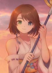 Rule 34 | 1girl, bad id, bad pixiv id, bare shoulders, blue eyes, breasts, brown hair, final fantasy, final fantasy x, green eyes, heterochromia, jewelry, looking at viewer, medium breasts, namerow chang, necklace, short hair, smile, solo, upper body, yuna