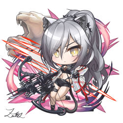 Rule 34 | 1girl, animal ear fluff, animal ears, arknights, black footwear, black gloves, black scarf, black shorts, blush, boots, bow (weapon), breasts, chibi, cleavage, closed mouth, crop top, crossbow, ear piercing, eyes visible through hair, fingerless gloves, full body, gloves, grey hair, hair over one eye, highres, holding, holding weapon, jacket, long hair, long sleeves, looking at viewer, medium breasts, midriff, navel, open clothes, open jacket, piercing, ponytail, puffy long sleeves, puffy sleeves, scarf, schwarz (arknights), see-through, short shorts, shorts, signature, simple background, solo, standing, standing on one leg, very long hair, weapon, white background, yellow eyes, z.m. (zimin)