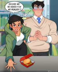 Rule 34 | 1boy, 1girl, black hair, blue eyes, blue necktie, breasts, brown eyes, brown hair, brown sweater, burger, clark kent, coat, commentary, dc comics, earrings, english commentary, excuse me he asked for no pickles (meme), food, frown, glasses, green coat, hand on own hip, highres, hood, hooded coat, jewelry, lois lane, medium breasts, meme, my adventures with superman, necktie, npczoey, open mouth, over-rim eyewear, own hands clasped, own hands together, raised eyebrow, semi-rimless eyewear, short hair, superman (series), sweater, twitter username