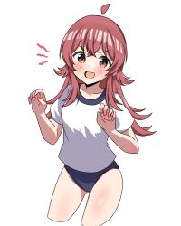 Rule 34 | 1girl, absurdres, ahoge, blue buruma, blush, breasts, buruma, claw pose, commentary request, cropped legs, detached ahoge, fang, hair between eyes, hair flaps, hands up, highres, idolmaster, idolmaster shiny colors, komiya kaho, looking at viewer, open mouth, red eyes, red hair, shirt, short sleeves, sidelocks, skin fang, small breasts, solo, t-shirt, thighs, v-shaped eyebrows, white background, white shirt, zaza (zahaoming)