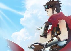 Rule 34 | 1boy, alec (arc the lad), arc the lad, arc the lad iii, brown eyes, brown hair, cape, closed mouth, cloud, cofffee, gloves, goggles, jewelry, male focus, necklace, protected link, red cape, short hair, smile, solo, sword, weapon
