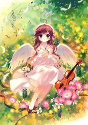 Rule 34 | 1girl, absurdres, ahoge, angel wings, aqua eyes, blush, bridal gauntlets, brown hair, capelet, cross, dress, feathered wings, feathers, flower, hat, highres, instrument, interlocked fingers, long hair, musical note, original, own hands clasped, own hands together, parted lips, quaver, santa matsuri, shoes, solo, treble clef, turtleneck, violin, white wings, wings