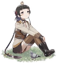 Rule 34 | 1girl, animal, animal on head, bird, bird on head, black eyes, black gloves, black hair, braid, breast pocket, brown hair, brown skirt, brown thighhighs, commentary request, fingerless gloves, gloves, gradient hair, grass, kantai collection, long braid, military, military uniform, multicolored hair, on head, one-hour drawing challenge, pigeon, pocket, simple background, single braid, sitting, skirt, solo, striped clothes, striped thighhighs, thighhighs, uniform, white background, yamashichi (mtseven), yamashio maru (kancolle)